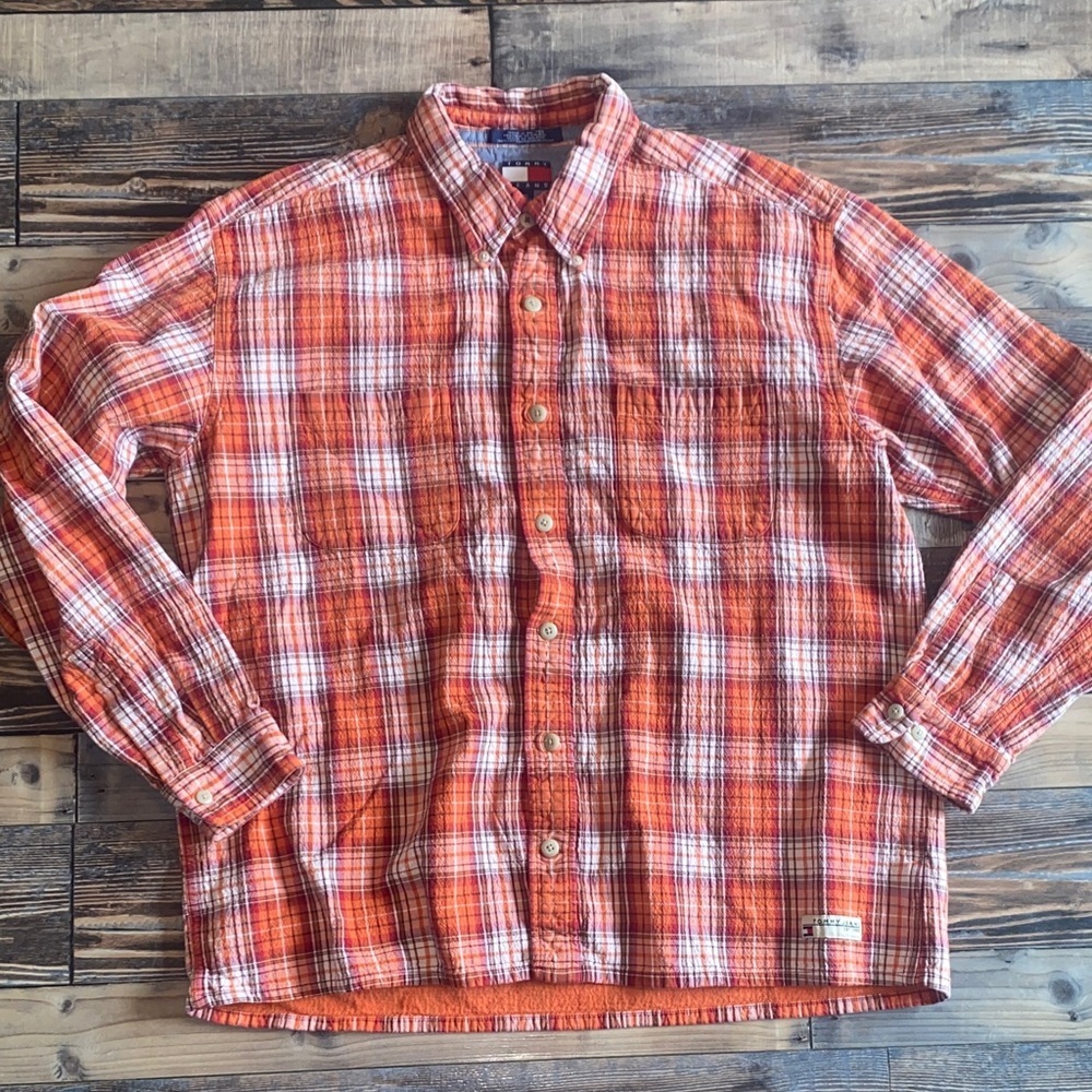 Vintage Tommy Hilfiger Jeans Men's Orange and White Cotton Plaid Shirt